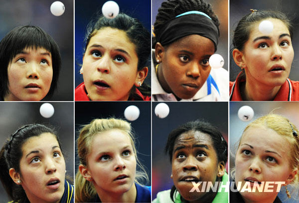 4月28日，参赛选手在女子单打预赛中发球（拼版照片）。当日，第50届世界乒乓球锦标赛预赛在日本横滨体育馆揭开战幕。